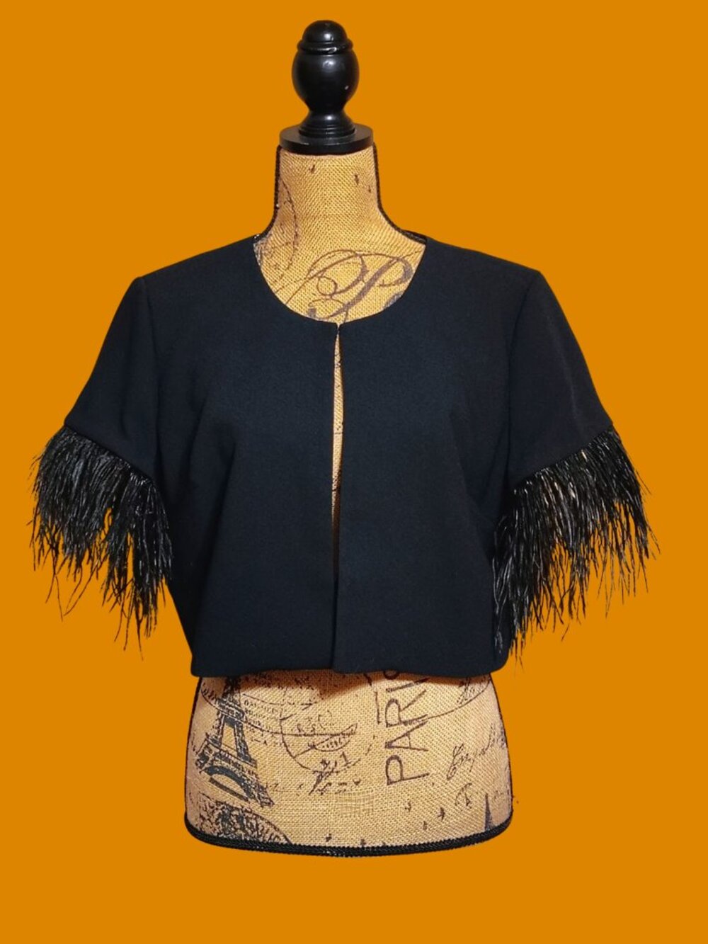 NWOT White House Black Market Ostrich Feather Trim Cropped Bolero Jacket Black L